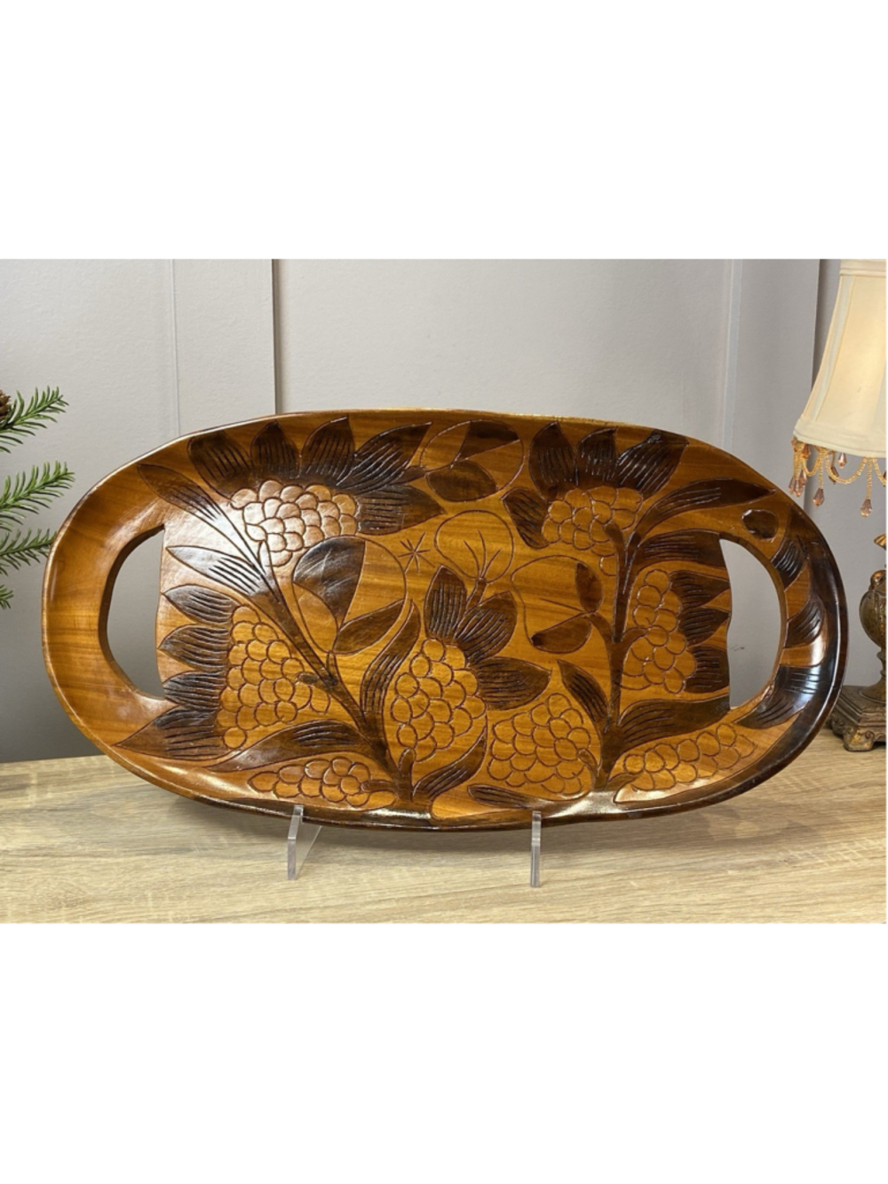 Hand Carved Wood Souvenir Tray with Cut-Out Handles 17.5”
